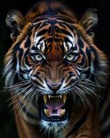 A tiger with its mouth open and teeth showing photo