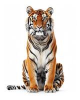 A tiger sitting down on a white background photo