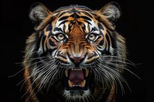 A tiger with its mouth open on a black background photo