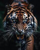 A tiger with its mouth open and teeth showing photo