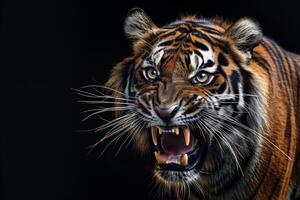 A tiger is roaring in the dark photo
