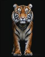A tiger standing in front of a black background photo