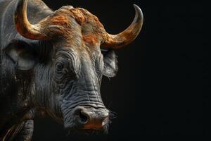 A close up of a bull with long horns photo