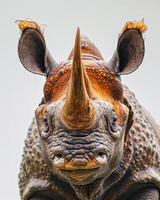 A close up of a rhino with its horns up photo