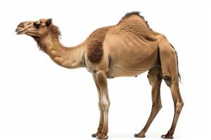 A camel is standing in front of a white background photo