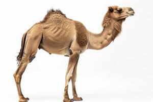 A camel is standing in front of a white background photo