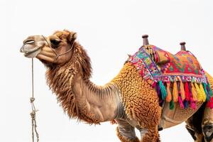 A camel with colorful saddle on its back photo