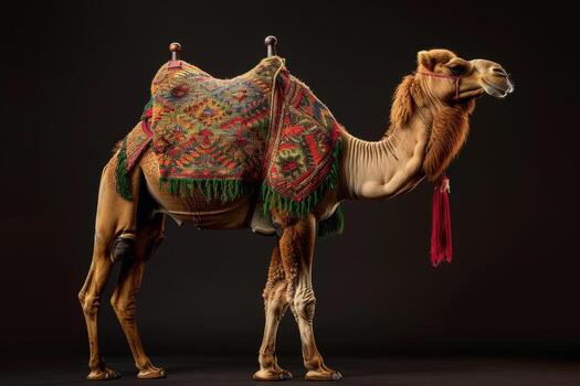 A camel with a colorful saddle on it photo