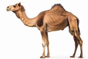 A camel is standing in front of a white background photo
