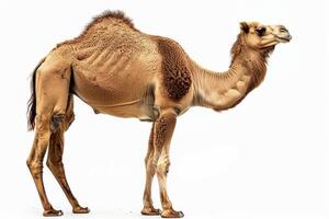 A camel is standing in front of a white background photo