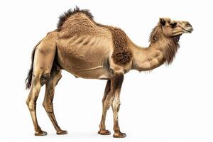 A camel is standing in front of a white background photo