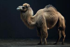 A camel standing in front of a dark background photo