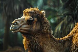 A camel in the jungle with a green background photo