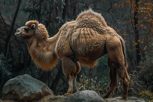 A camel standing on a rocky hill in the woods photo