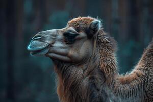 A close up of a camel with a forest background photo