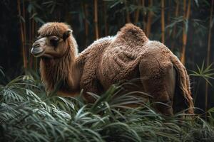 A camel standing in the grass next to bamboo photo