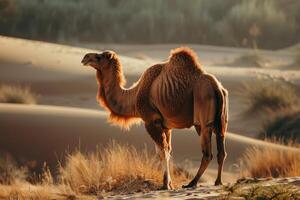 A camel is standing in the desert photo
