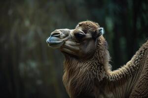 A close up of a camel with its head up photo