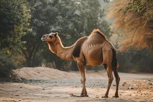 A camel standing on a dirt road in the middle of the day photo