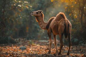 A camel standing in the middle of a forest photo