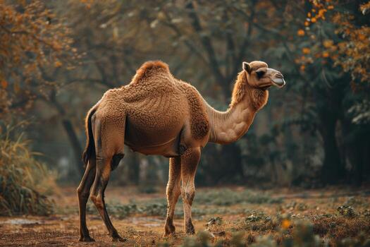 A camel standing in the middle of a field photo