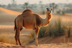 A camel standing in the desert photo