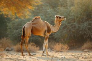 A camel standing in the desert with trees in the background photo