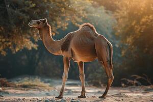 A camel standing in the dirt near trees photo