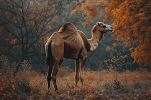 A camel standing in the middle of a field photo