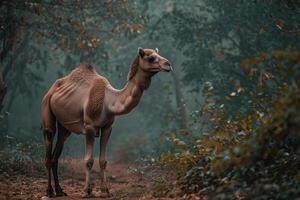 A camel is standing in the middle of a forest photo