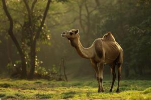 A camel standing in the grass in the morning photo