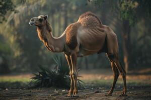 A camel is standing in the dirt photo