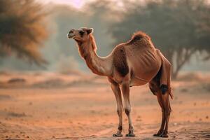 A camel standing in the desert with trees in the background photo