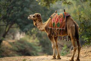 A camel with a saddle standing on a dirt road photo