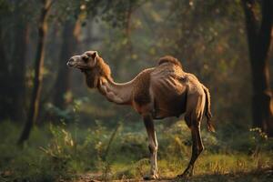 A camel standing in the middle of a forest photo