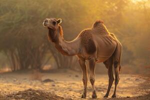 A camel standing in the desert with trees in the background photo