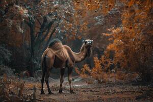 A camel standing in the middle of a forest photo