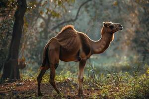 A camel standing in the woods with trees in the background photo