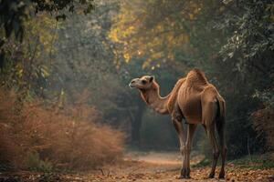 A camel standing on a dirt road in the middle of a forest photo