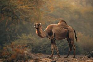 A camel standing in the middle of a field photo