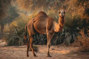 A camel standing in the desert with some bushes photo