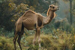 A camel is standing in the middle of a field photo