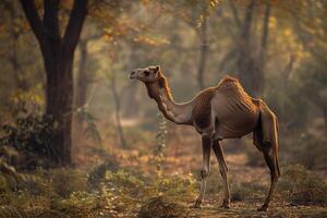 A camel standing in the middle of a forest photo