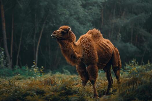 A camel is standing in the middle of a forest photo