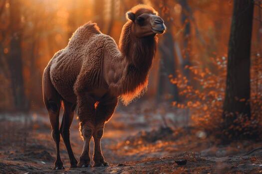 A camel is standing in the middle of a forest photo