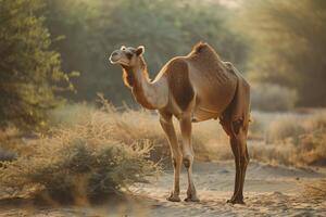 A camel standing in the desert photo