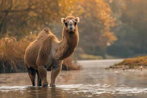 A camel is standing in the water photo