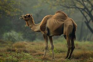A camel standing in the middle of a field photo