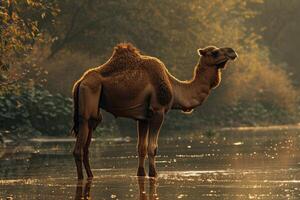 A camel standing in a river photo