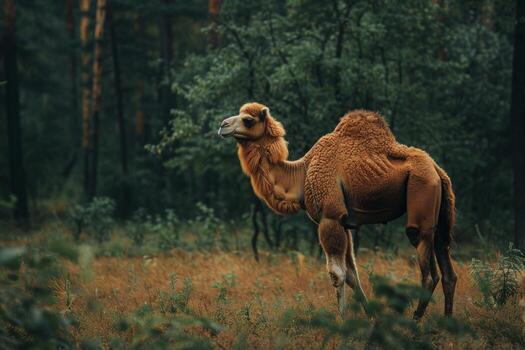 A camel is standing in the middle of a forest photo